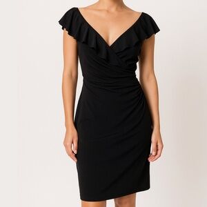 Black Mini Asymmetrical Dress LBD Little Ruffles Sleeveless Short V-neck